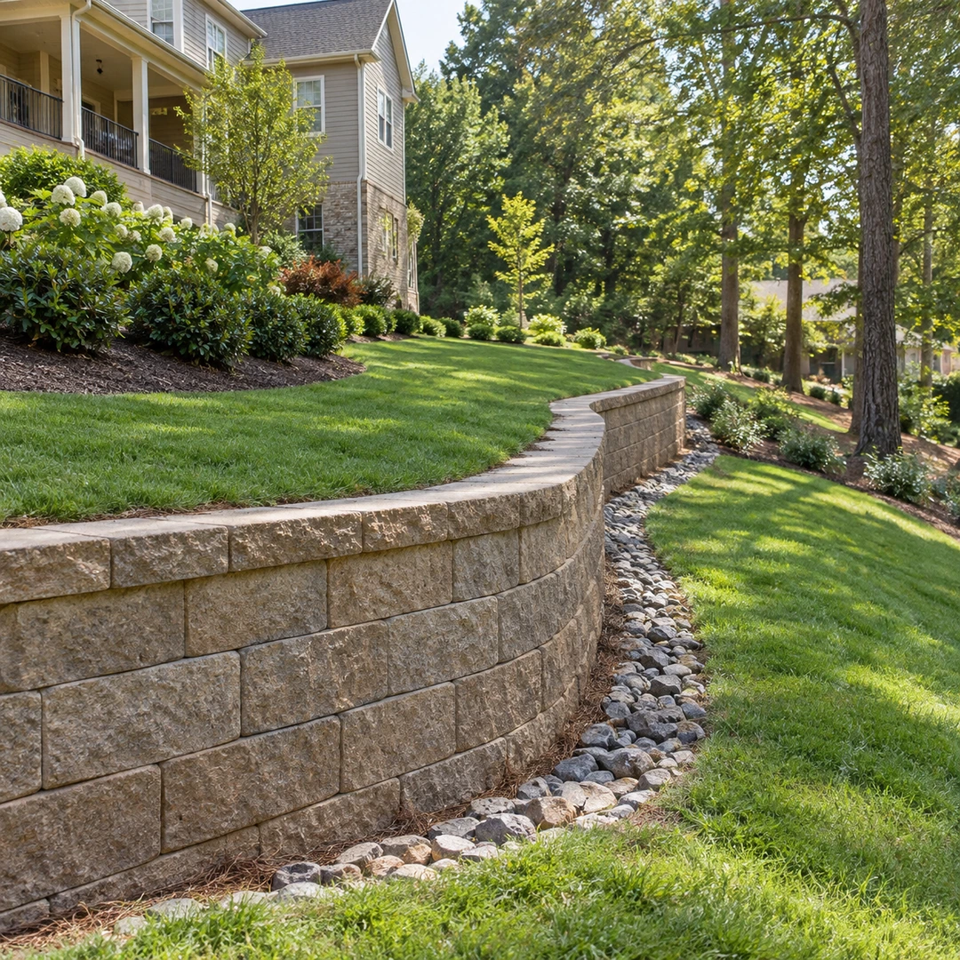 Curved wall supporting a lawn above a lower yard