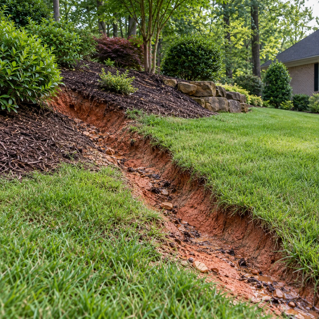 Eroded soil channel along a sloped planting edge