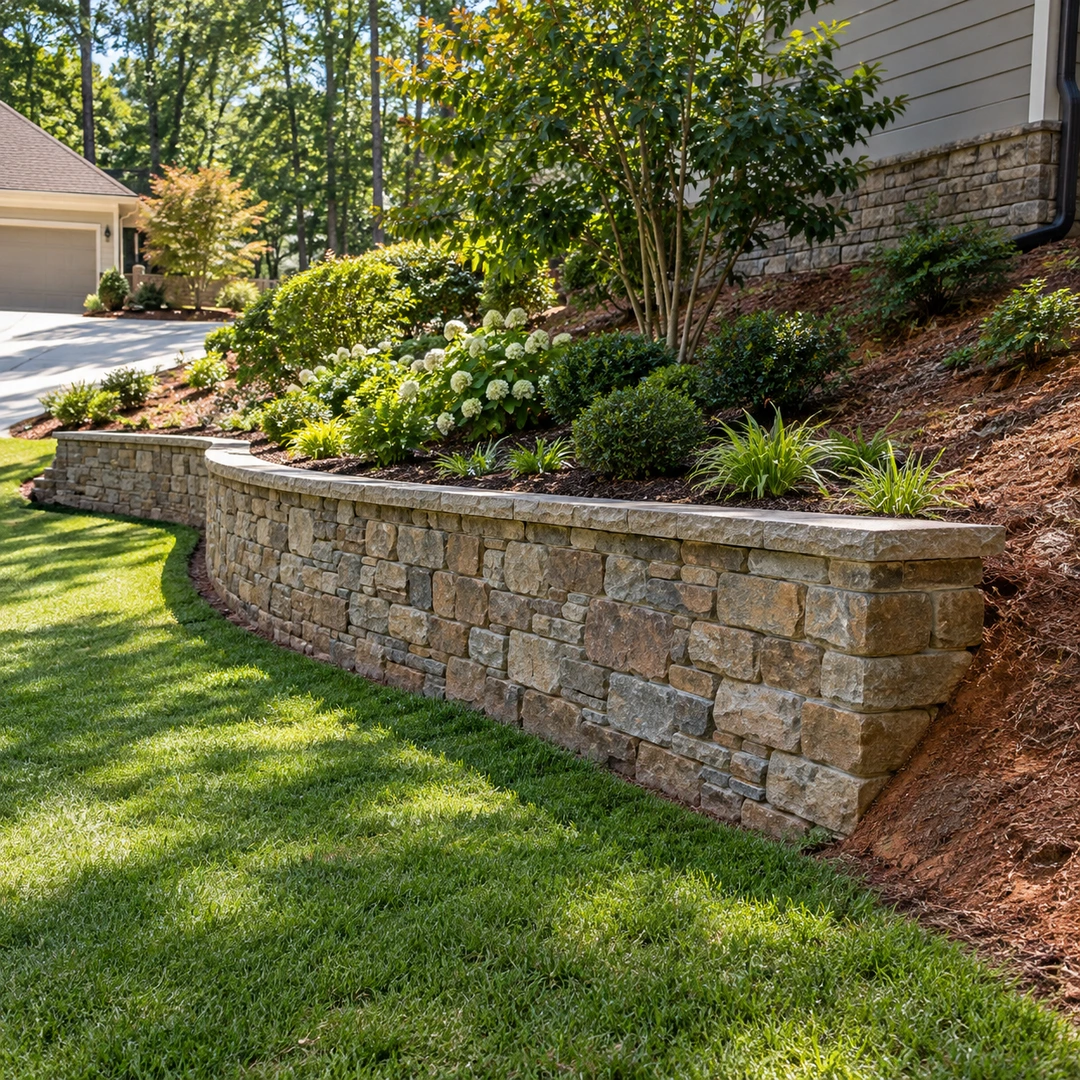 Finished retaining wall beside a landscaped yard