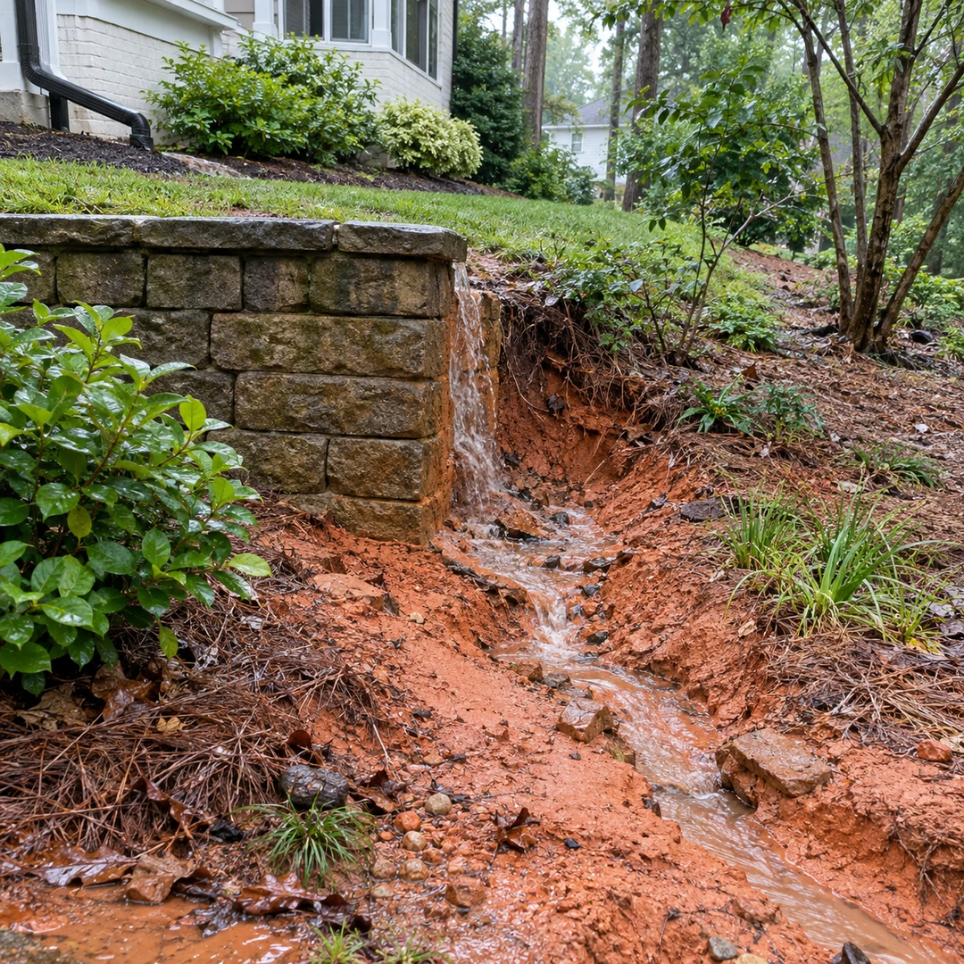 Water running through an eroded channel beside a wall
