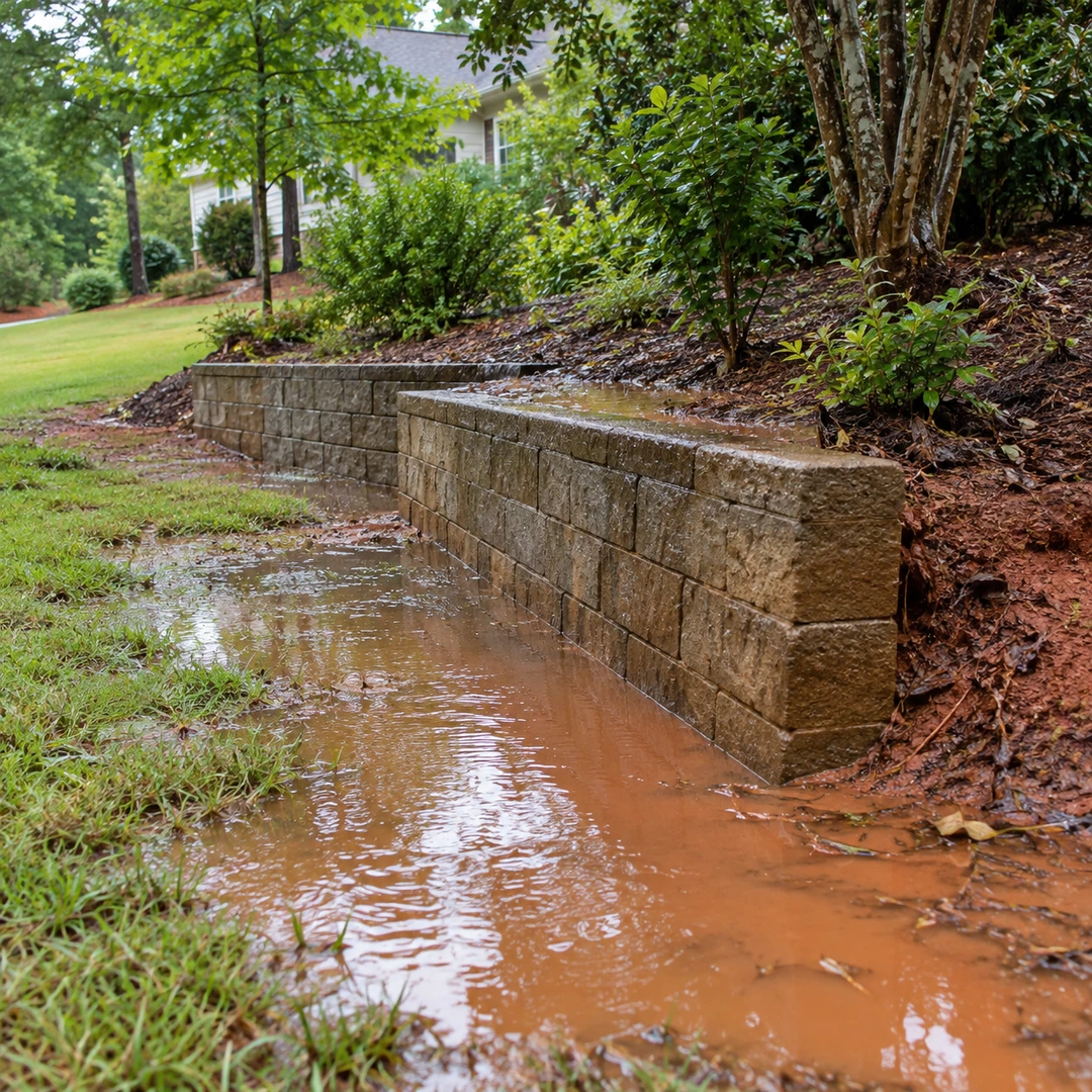 Water pooling at the base of a landscape wall