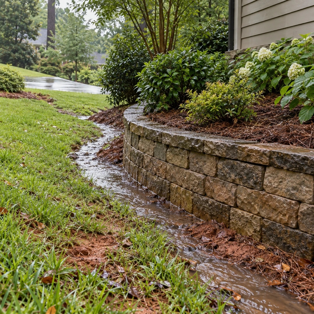 Surface runoff pooling beside a curved retaining wall