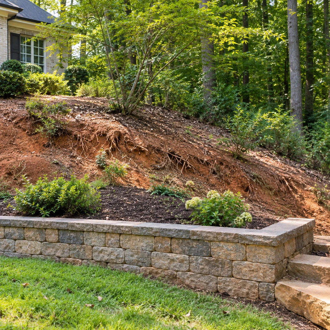 Low wall below a slope with exposed soil erosion