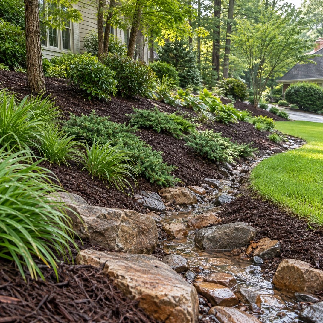 Stone lined drainage channel between plants and lawn