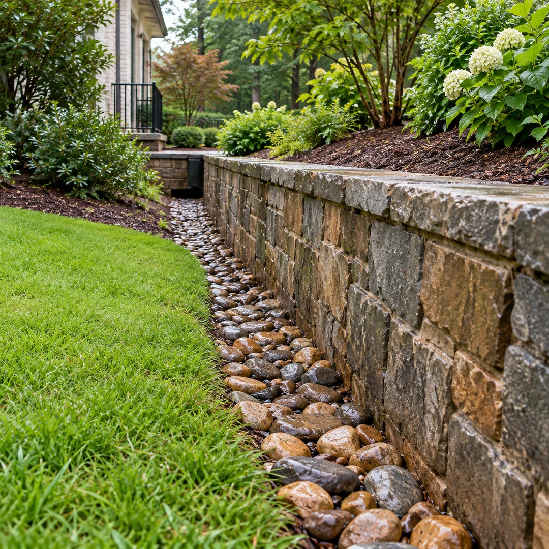 Open stone drainage strip along a wall