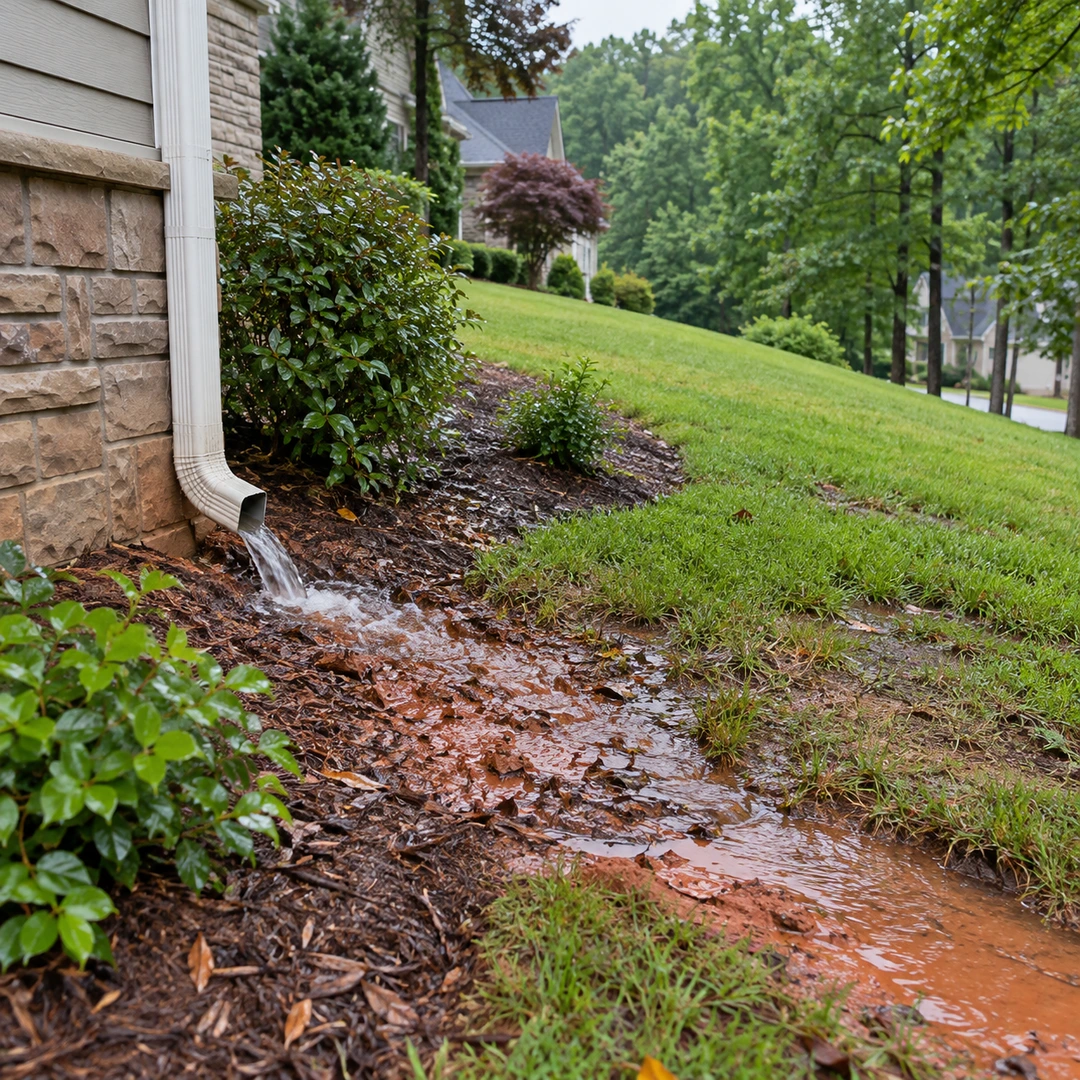 Downspout water flowing onto saturated ground