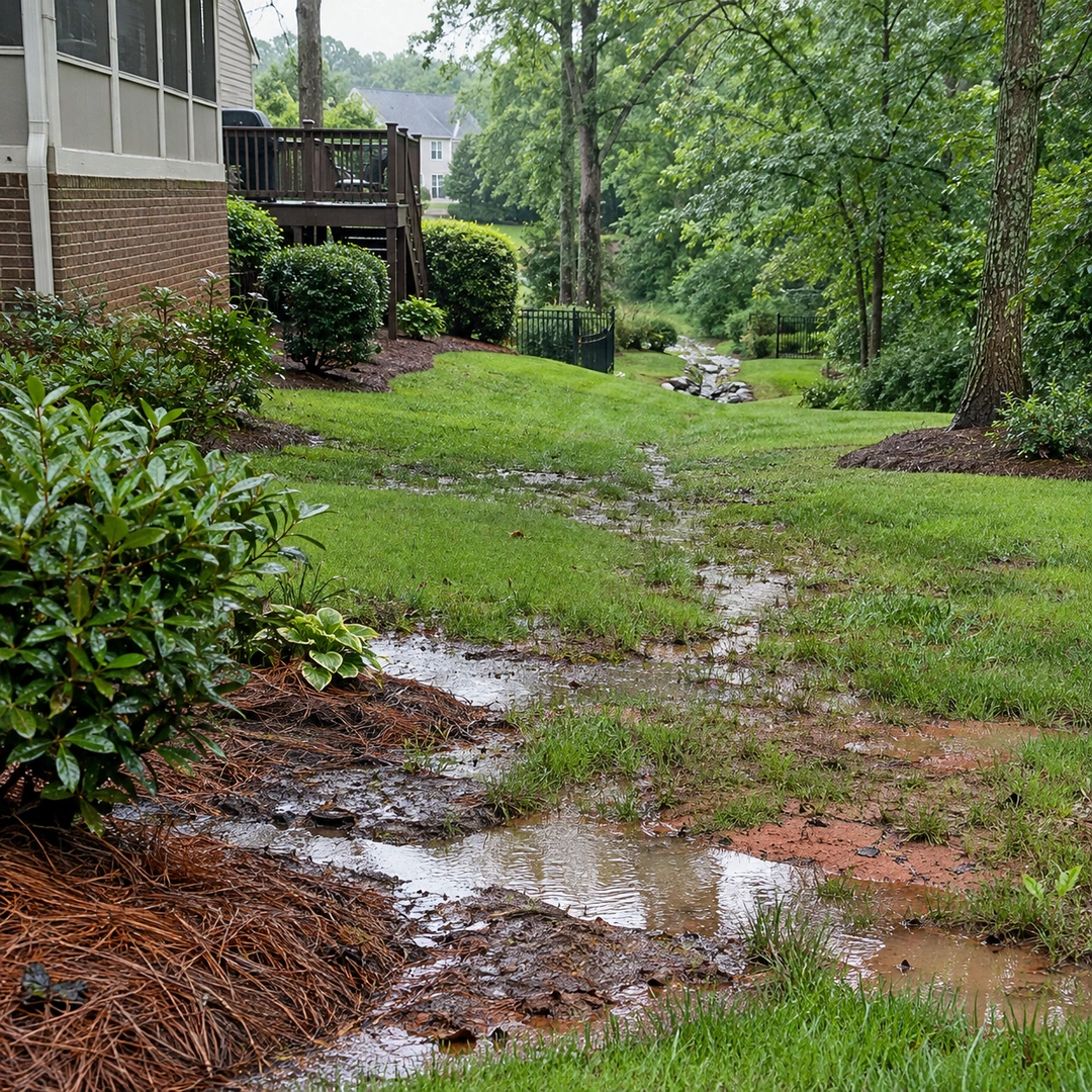Standing water across a sloping side lawn