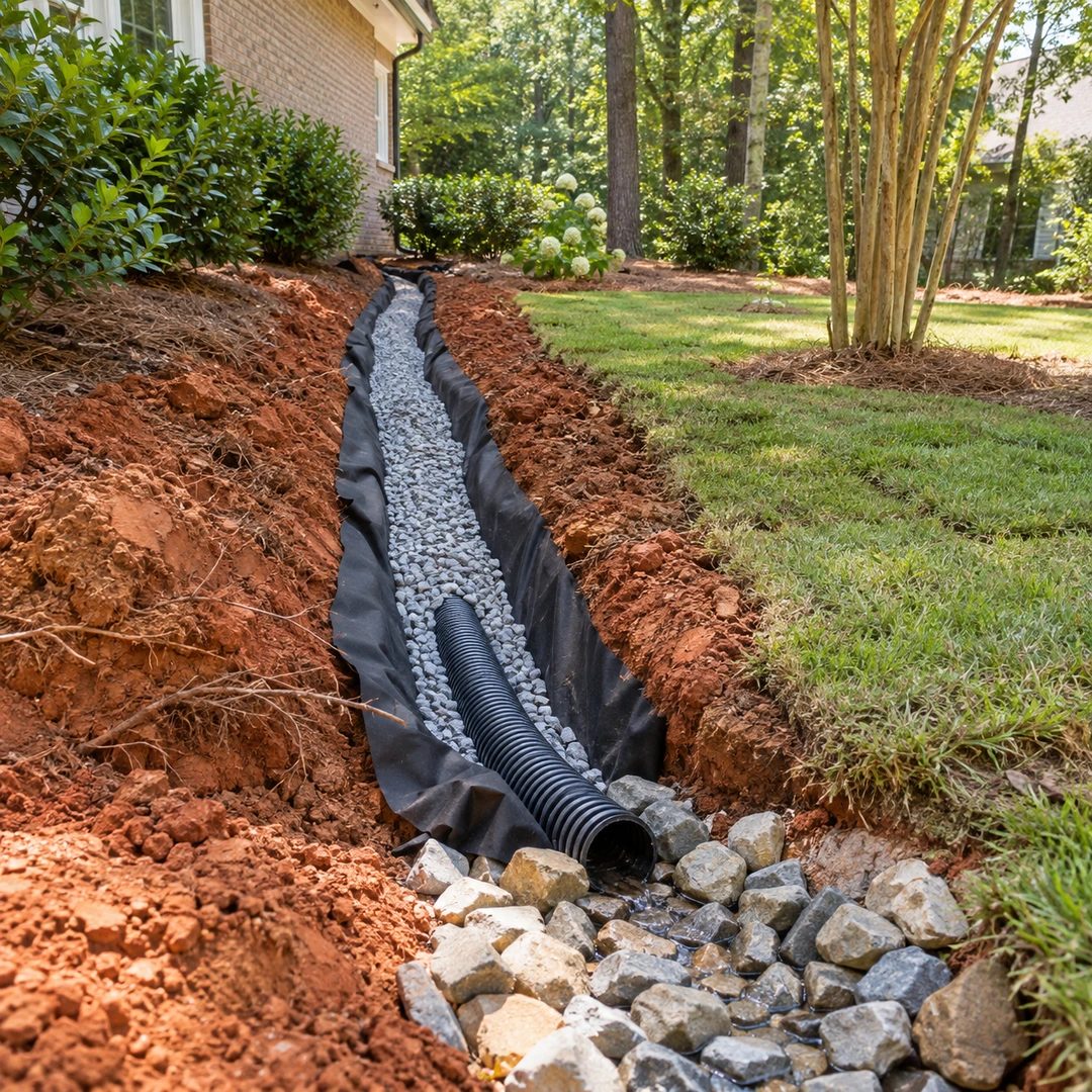 French drain trench with pipe and gravel
