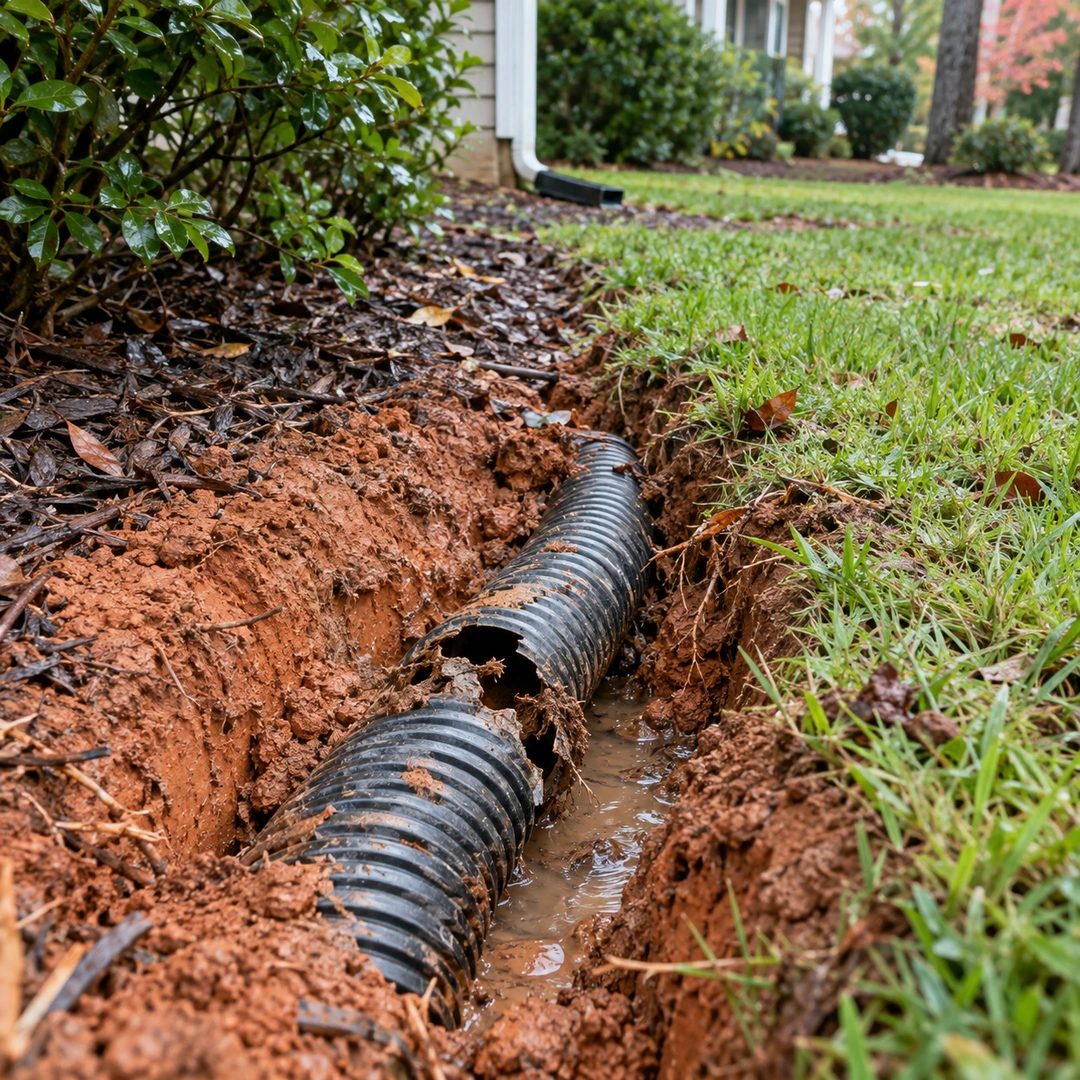 Broken corrugated drain pipe exposed in wet soil