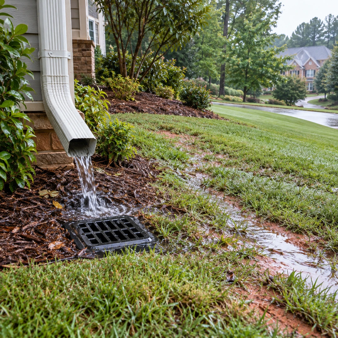 Downspout water near a drain grate and wet lawn