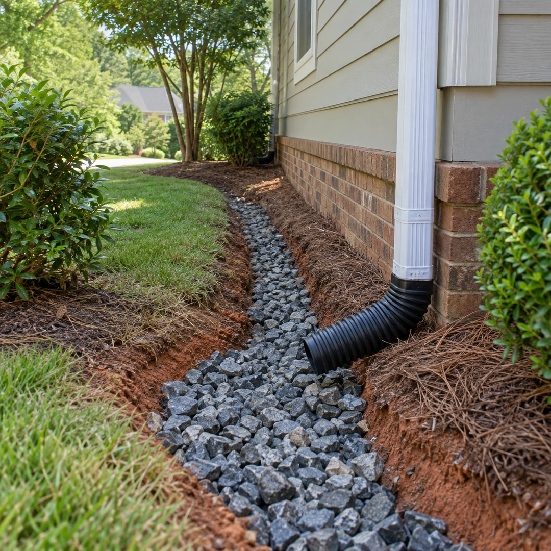 Drain pipe and gravel channel beside a house