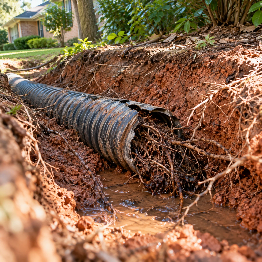 Damaged drain pipe with roots inside an excavation