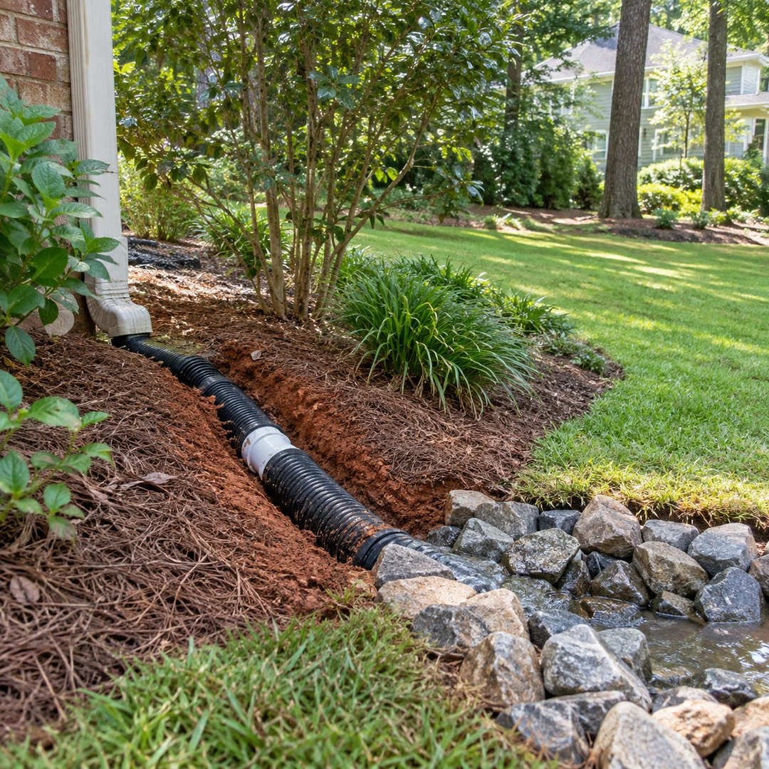 Repaired drain pipe connection beside a planted lawn
