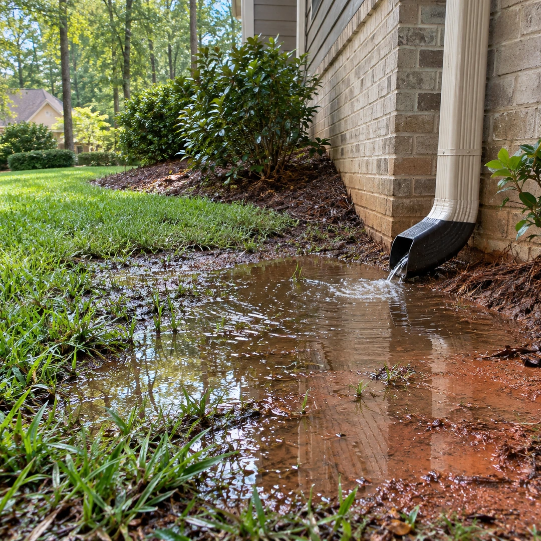 Downspout water pooling beside a foundation