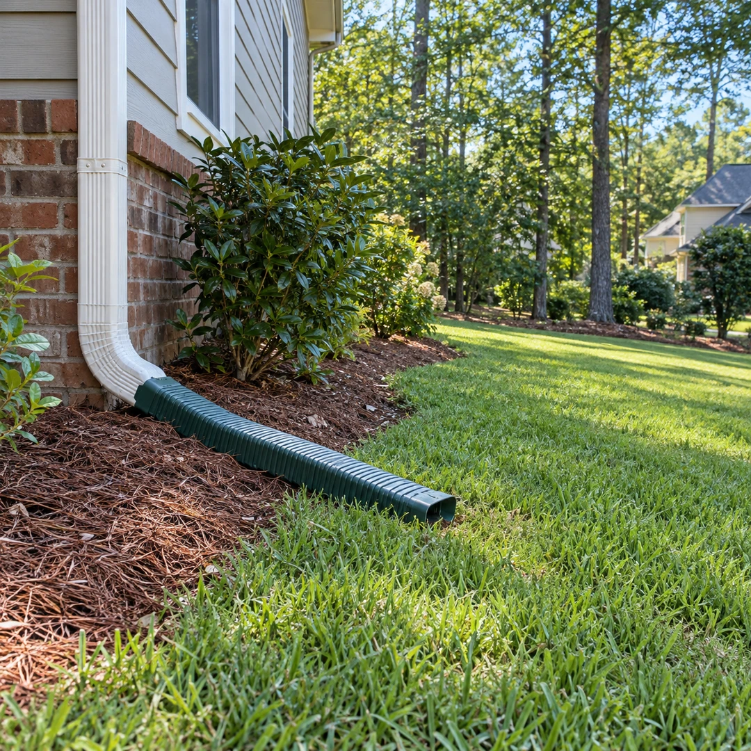 Downspout extension directing water toward lawn