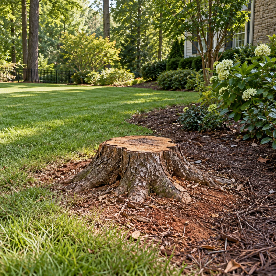 Low stump bordered by lawn and planting