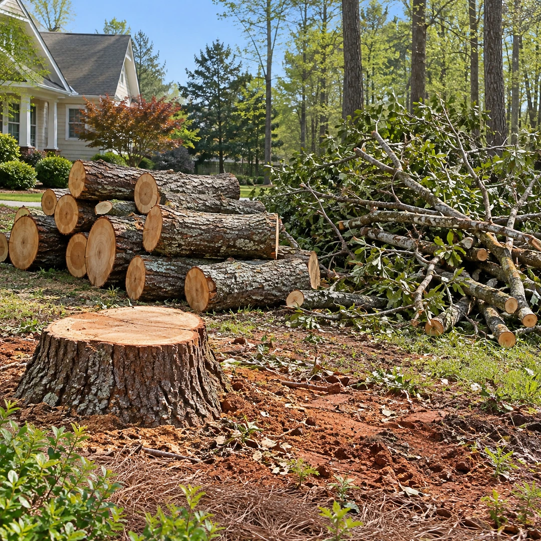 Cut logs and branches beside a stump