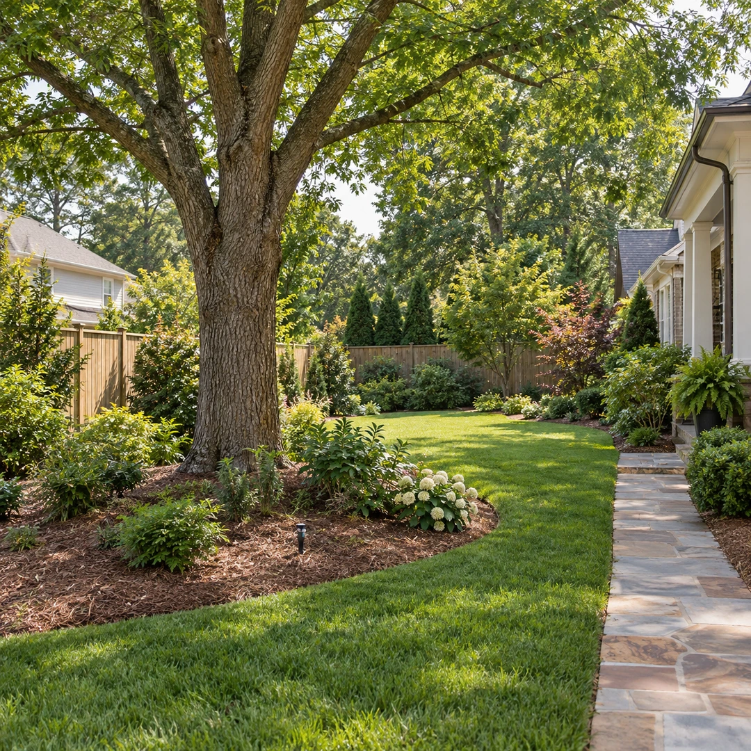 Leafy tree beside a clear stone walkway