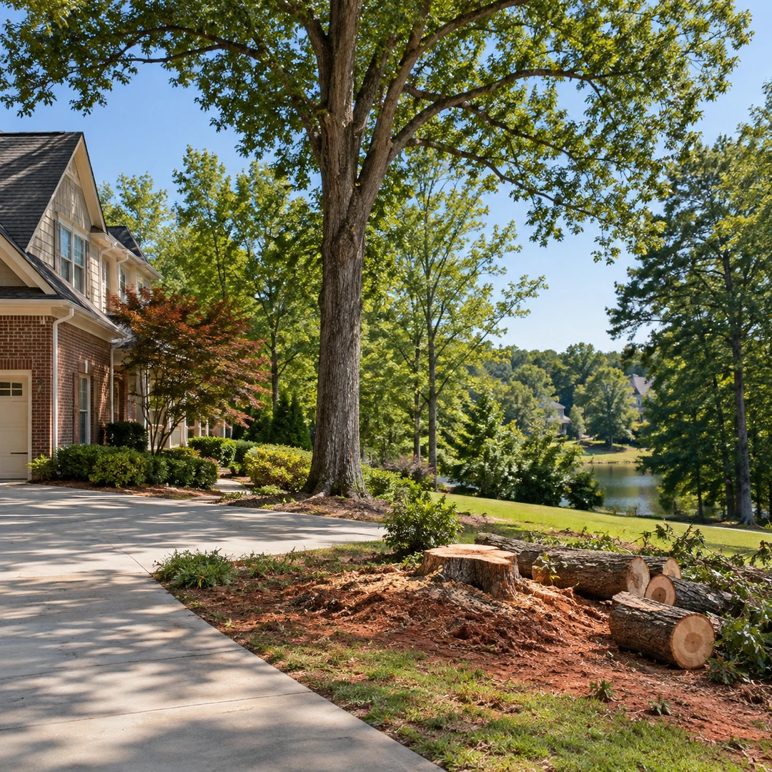 Tree stump and cut logs beside a driveway