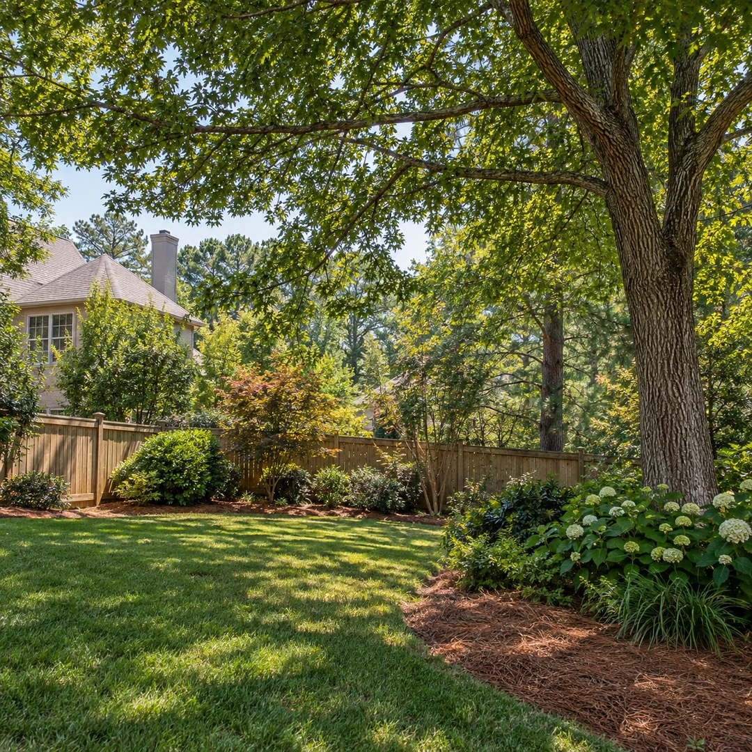 Mature shade tree beside a residential lawn