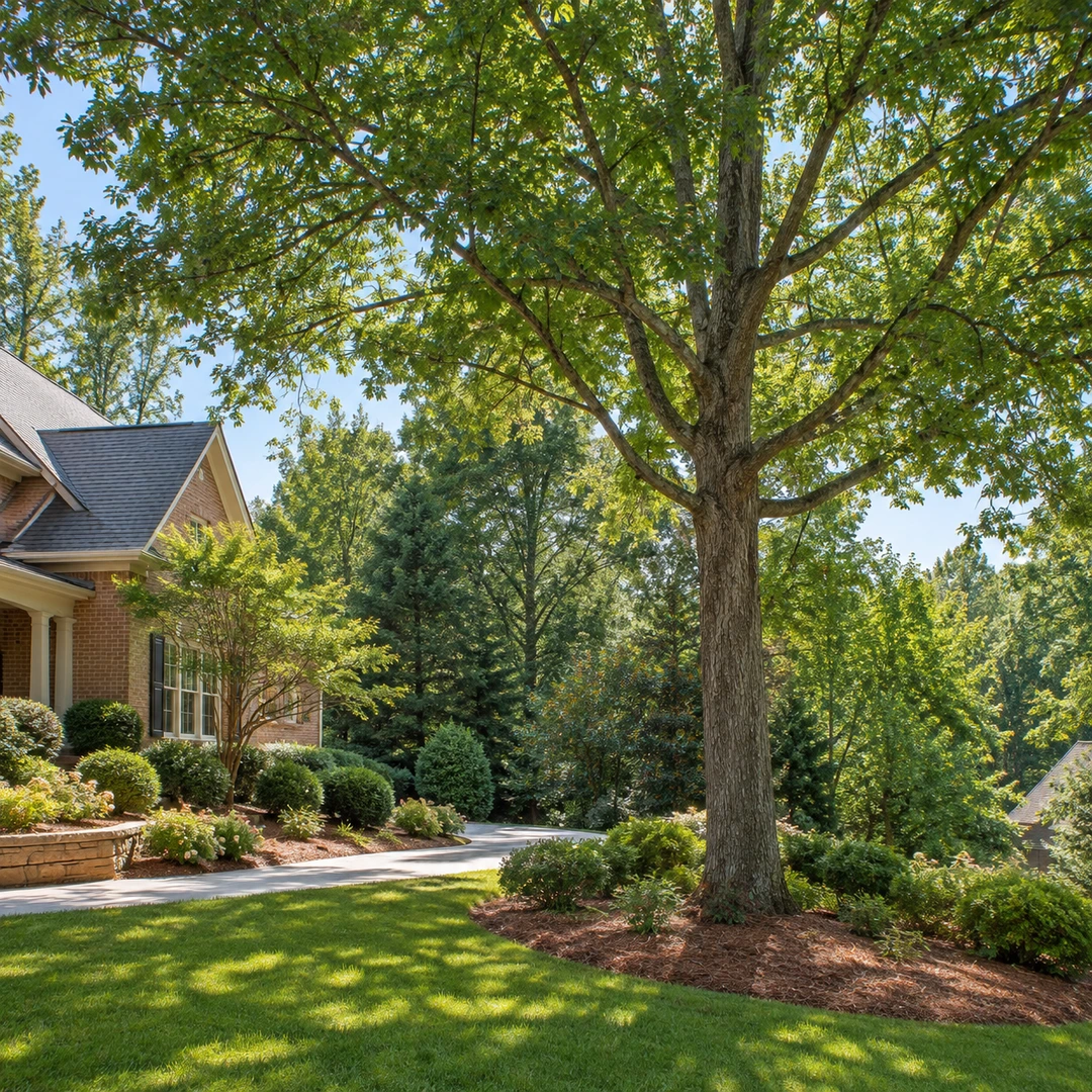 Mature shade tree on a curved residential lawn