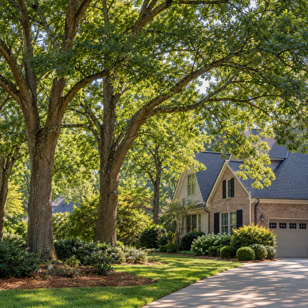 Two mature trees beside a driveway
