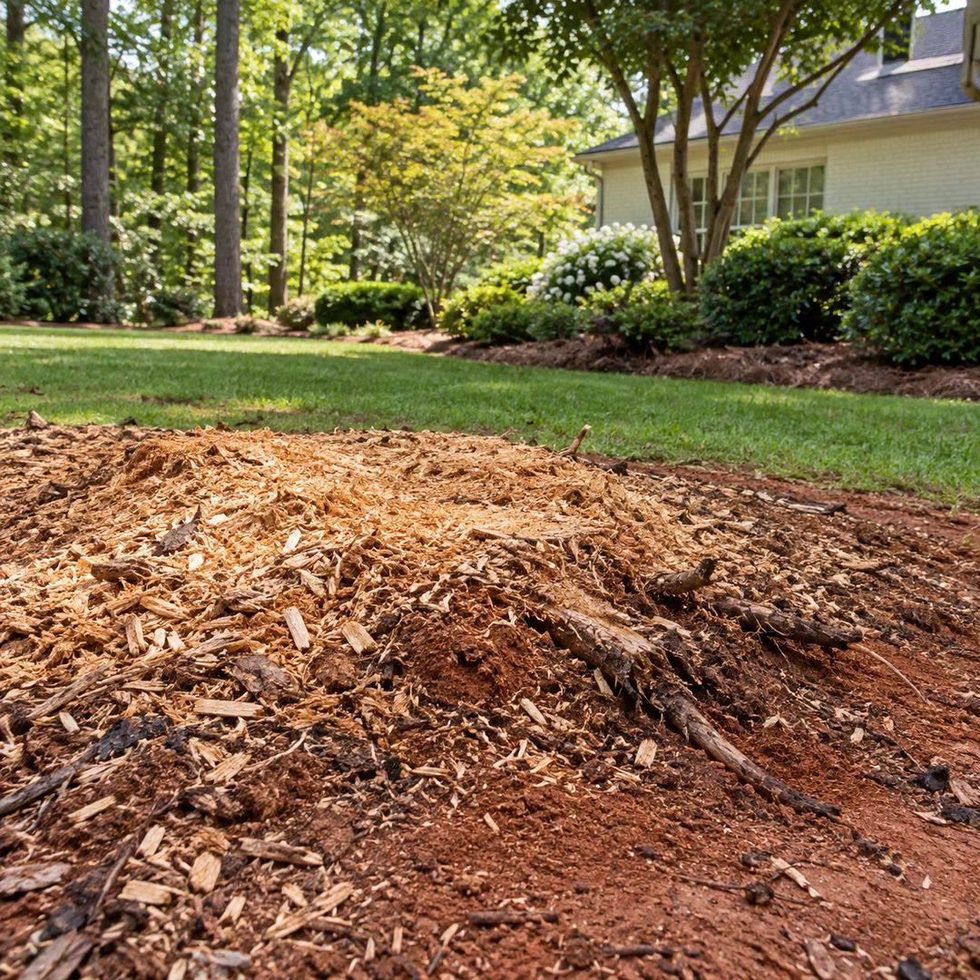Wood chips and loose roots after stump work