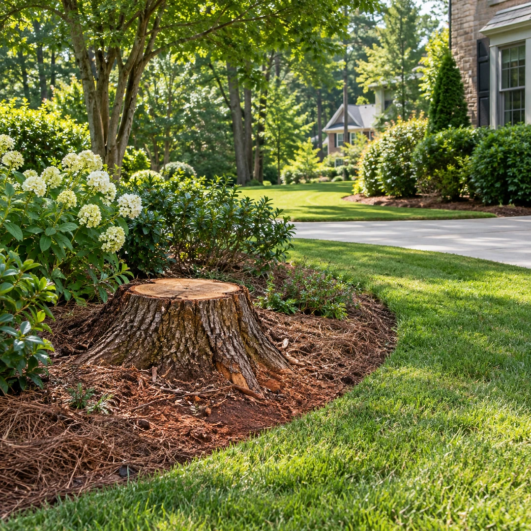Tree stump beside a driveway and landscaped bed