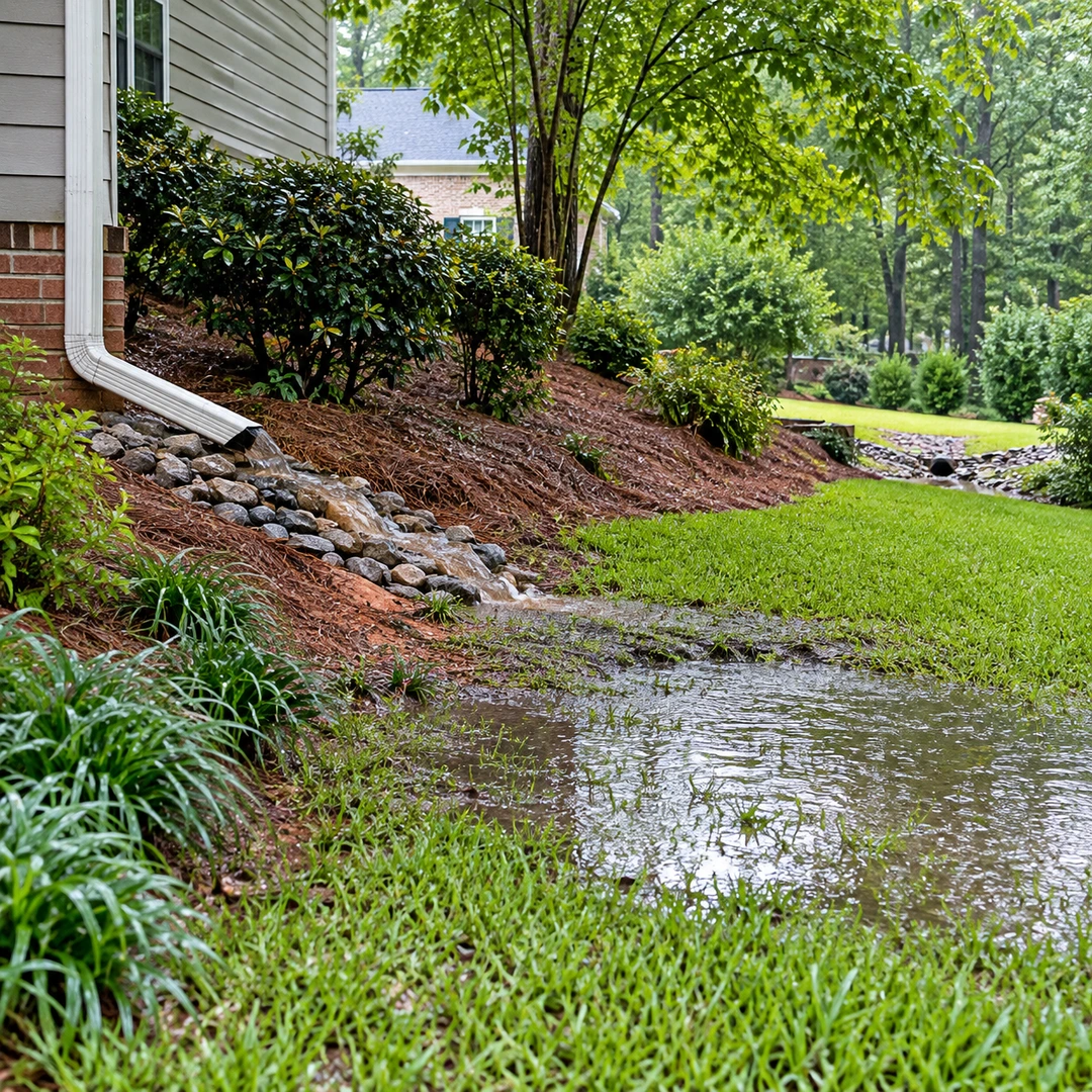 Downspout water crossing a low lawn area