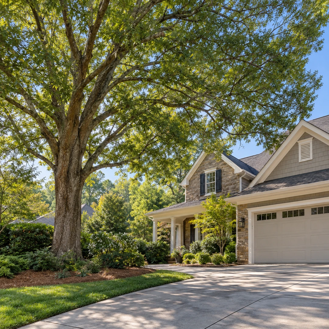Full tree canopy above a house and yard
