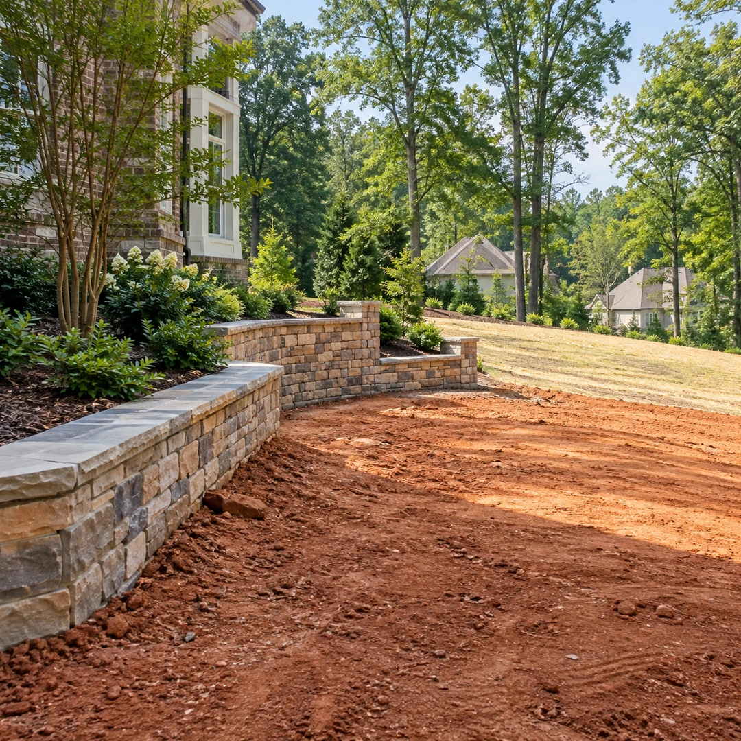 Landscape wall beside a prepared soil area