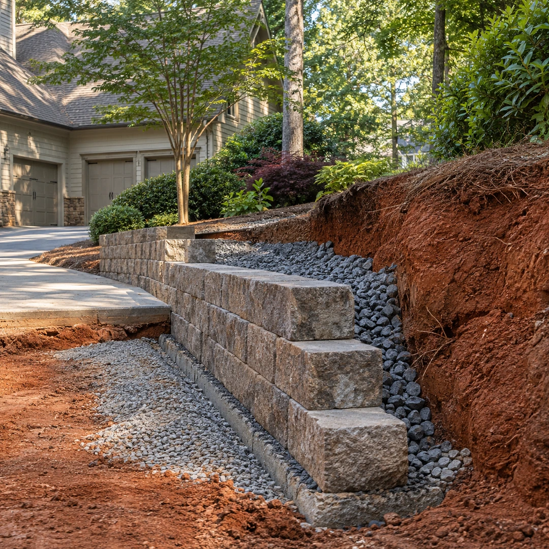 Wall under construction with gravel and drain pipe