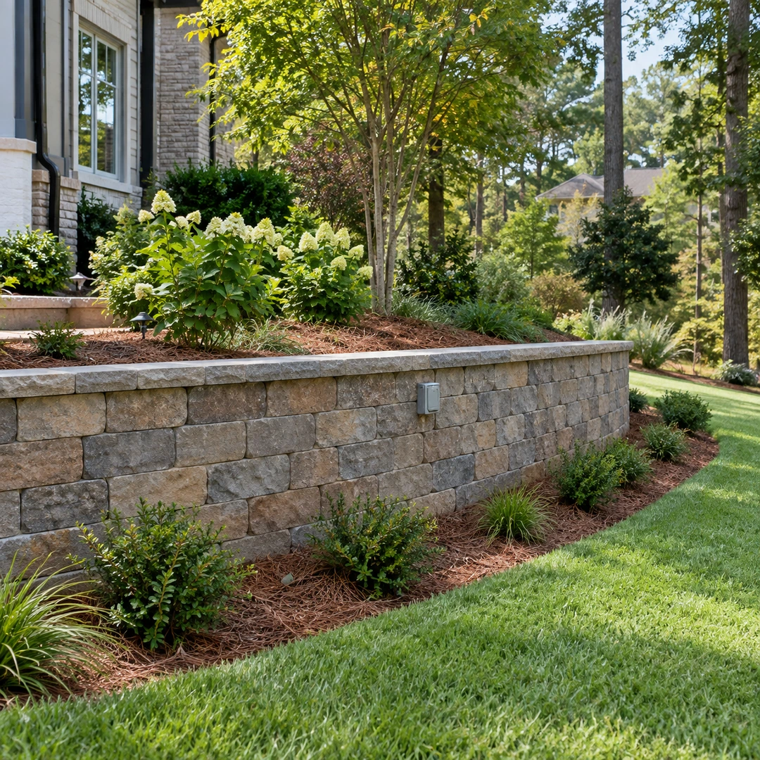 Finished block wall bordering lawn and shrubs