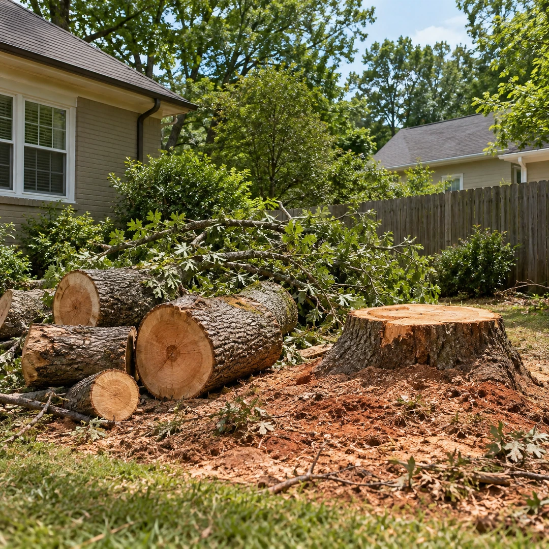 Cut logs and branches beside a remaining stump