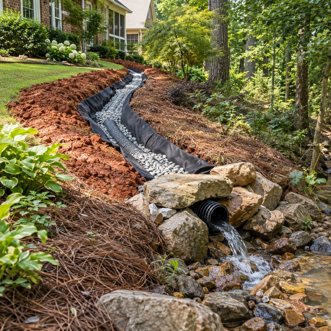 Fabric lined drain trench with gravel and outlet