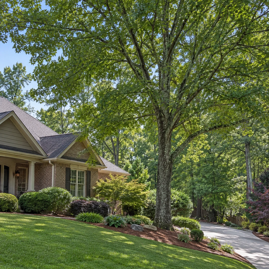 Mature tree beside a house and curved driveway
