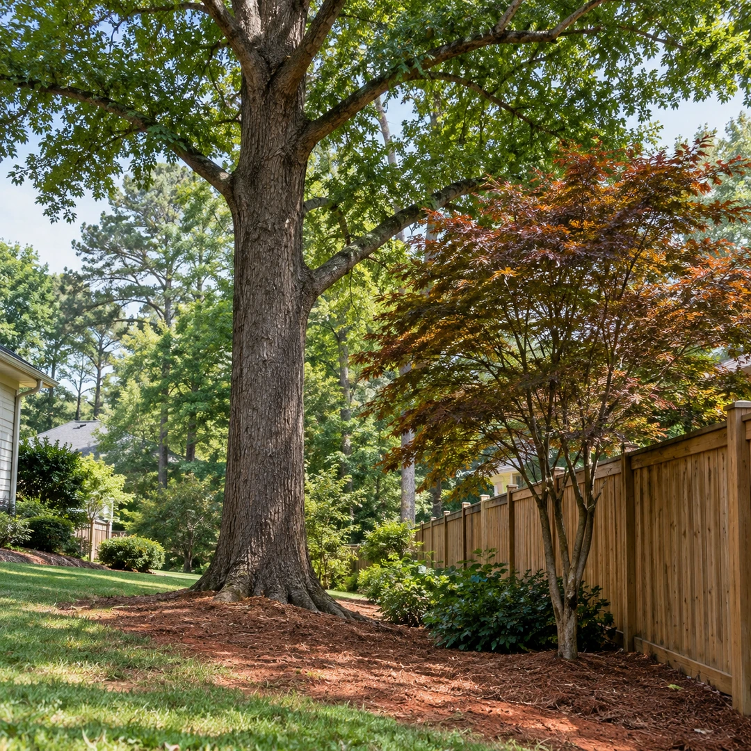 Large shade tree beside a smaller ornamental tree