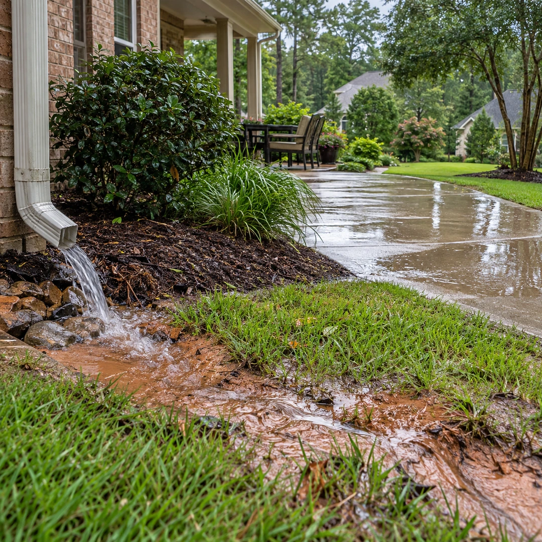 Downspout water flowing across soil beside a patio