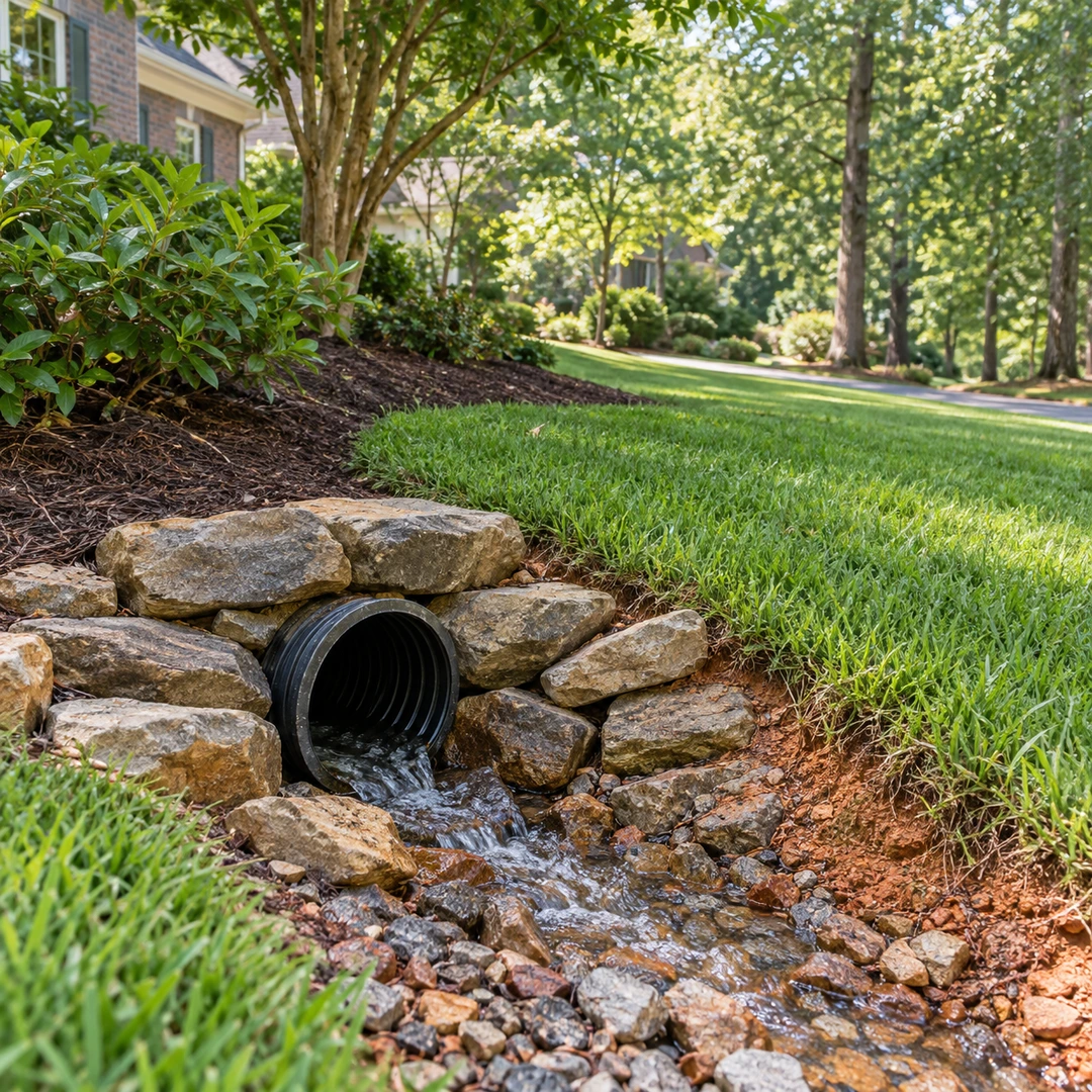 Stone protected drain outlet beside a lawn
