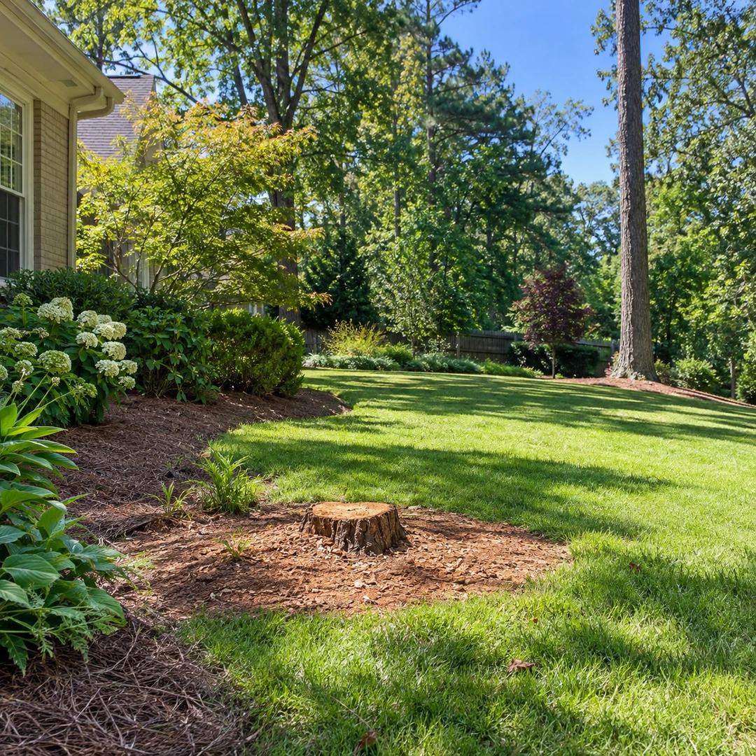 Small stump in a cleared lawn area