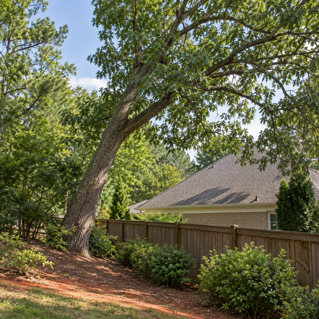 Angled tree beside a fence and house