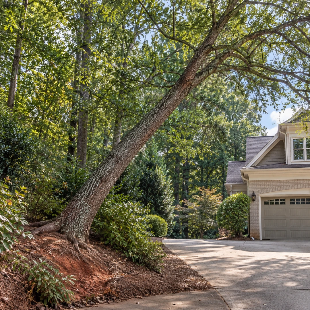 Leaning tree beside a driveway and garage