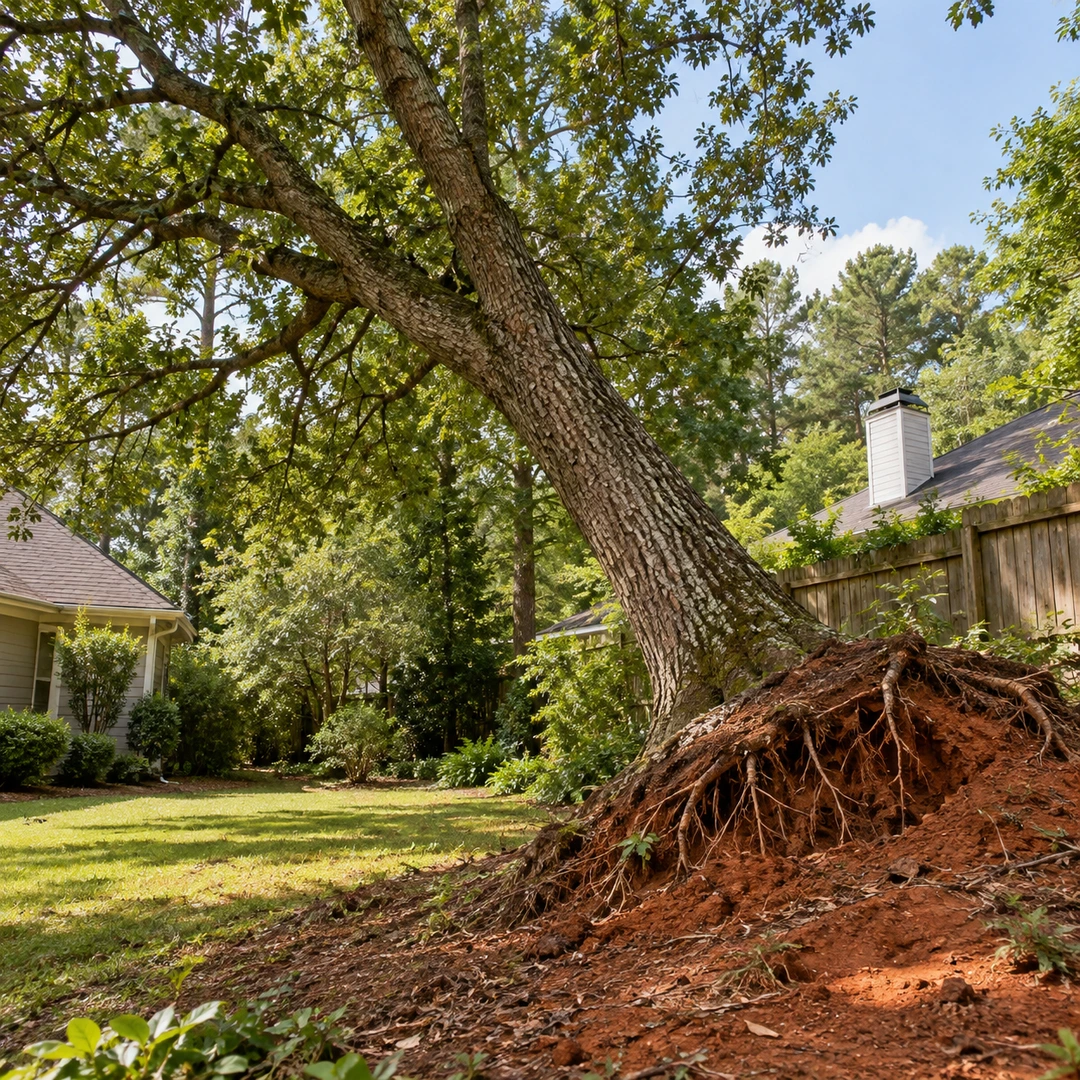 Leaning trunk with exposed roots above ground
