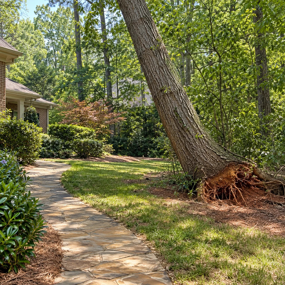 Exposed tree roots beside a residential walkway