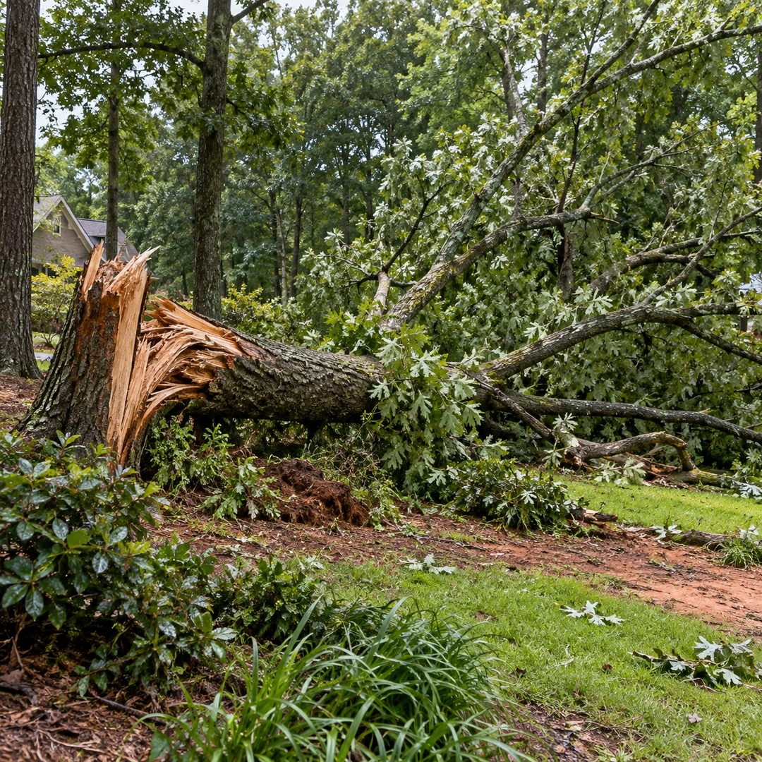Storm broken tree lying across a yard