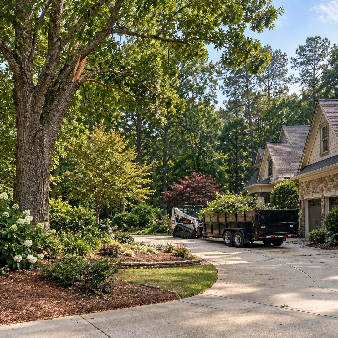 Haul trailer and loader in a clear residential driveway
