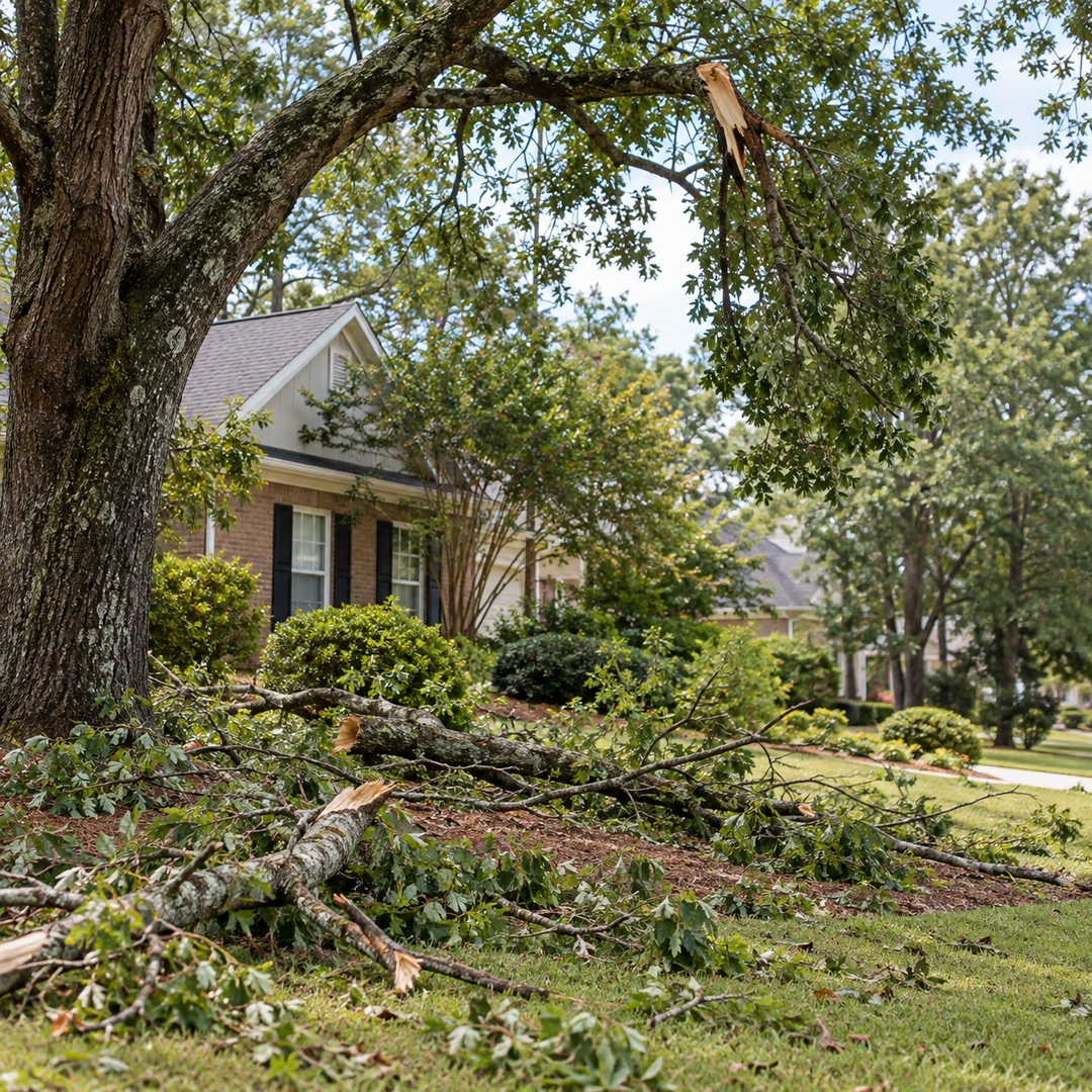 Fallen branches beneath a visibly damaged tree