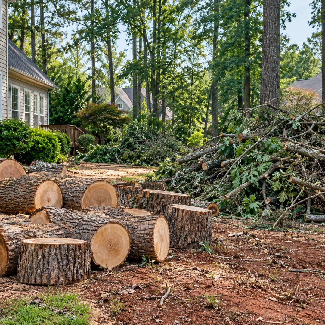 Cut logs and branch piles in a tree work area