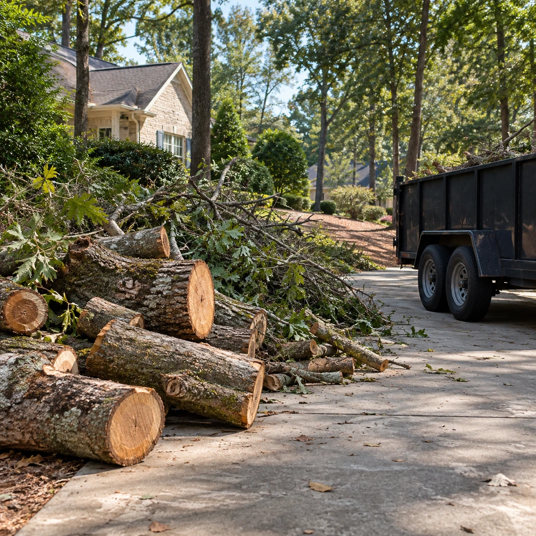 Cut logs beside a haul truck in a driveway