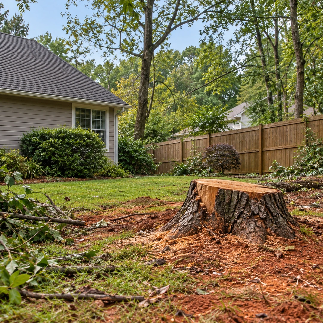 Remaining stump and scattered branches in a yard